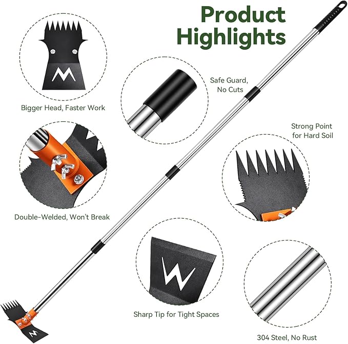 4-in-1 Weeding Tool with Hoe, Grabber, Pruning Shears & Scrub Brush,Garden Hoe & Weed Puller Tool with Long Handle,Dandelion Heavy Duty Uprooting Tool for Lawn Yard Garden