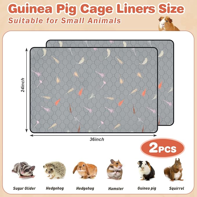 2Pcs Guinea Pig Cage Liners,Guinea Pig Fleece Cage Liners24''X36'' Super Absorbent Washable Pee Pads Reusable for Rabbit Hamster Chinchilla