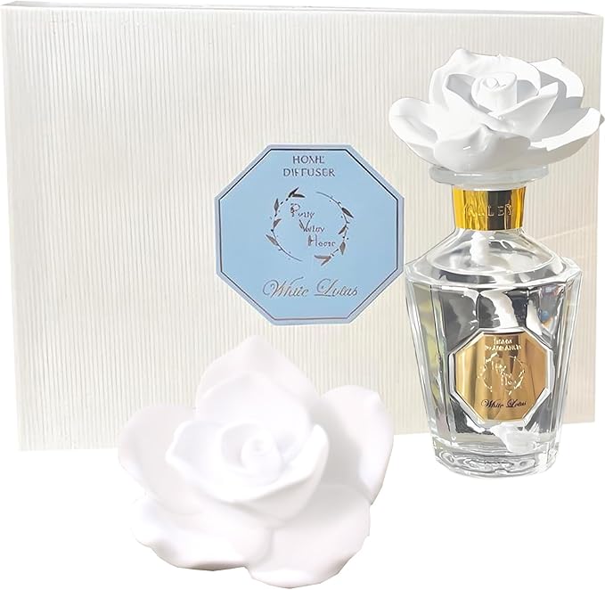 Reed Diffuser Set, Pretty Valley Home Diffuser Rose Petals Gypsum White Flower Oil 100Ml / 3.38fl OZ Gift Box for Bathroom Office Bathroom Living Room Decor (White Lotus)