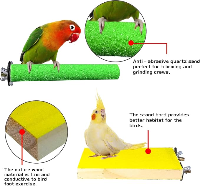 7PCS Bird Perch Stand Platform Natural Wood Parakeet Toys Cage Accessories | Colorful Rough Quartz Sand Surface, Thickened Exercise Paw Grinding Stick for Budgies, Cockatiel, Lovebirds, Finch, Canary