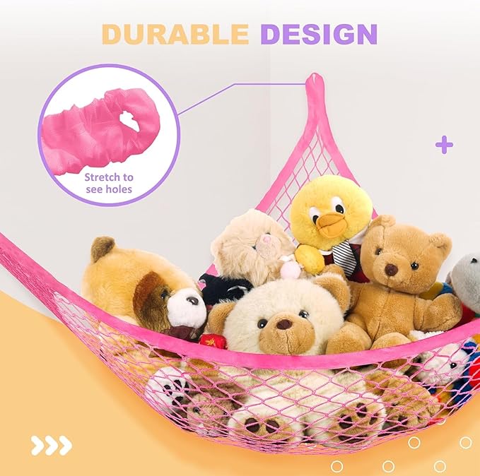 Lazebox Stuffed Animal Net Hammock for Plushie Toys, Stuffed Animal Hammock Corner for Kids' Room Decor, Ideas for Organizing Stuffy Collection, 1 Pack, Pink