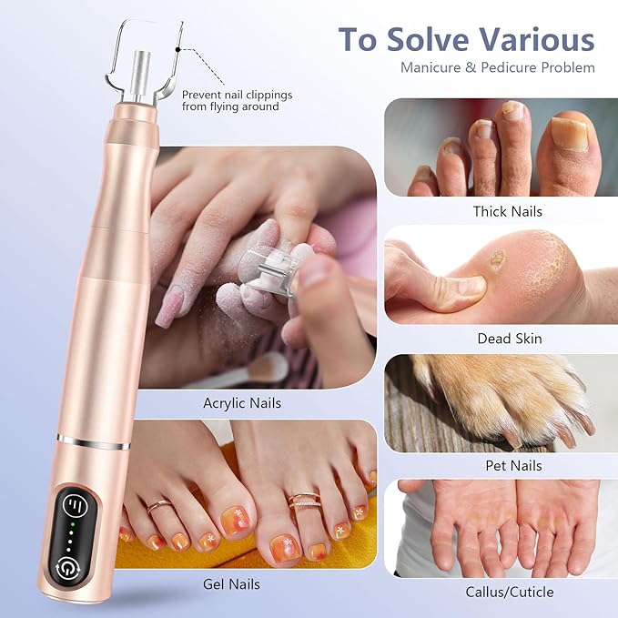 Cordless Nail Drill Electric Rechargeable File Kit, Professional Efile Acrylic Gel Nail Polish Remover Pedicure Manicure Machine Portable Set with 11 Bits 56 Sanding Bands for Salon Home Gold