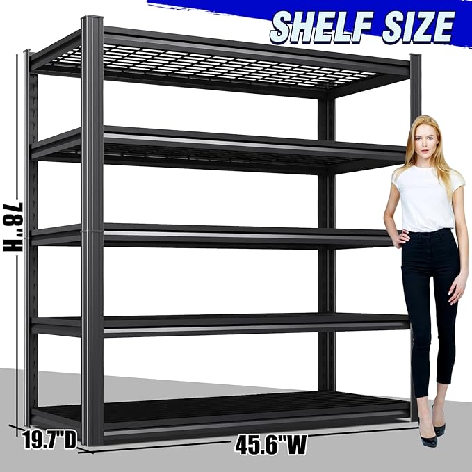 5 Tier Heavy Duty Garage Shelving, 2500LBS Adjustable Metal Storage Shelves, Boltless Industrial Shelving Unit for Garage, Basement, Warehouse, Pantry, Closet, Kitchen, 78"x 46"x 20" Black