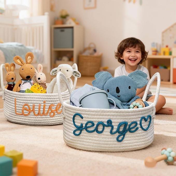 Personalized Baby Basket-Custom Rope Cotton Baby Storage Bin with Name-Newborn Nursery Organizer,Cute Baby Shower & Gift Basket
