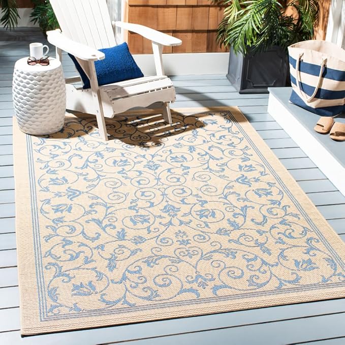 SAFAVIEH Washable Rug Outdoor Courtyard Collection - 4' x 5'7", Natural & Blue, Non-Shedding & Easy Cleaning, Ideal for Patio, Backyard, Mudroom (CY2098-3101)