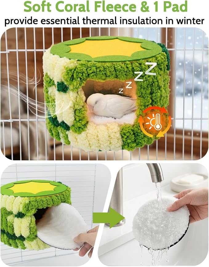 Bird Nest for Cage with Support Frame & Pad, Foot-Friendly Felt | Safe Hideout, Warm Bird Bed for Parakeets Lovebird Budgies, Winter Plush Coral Fleece Hammock Hut, Soft Washable Cozy House