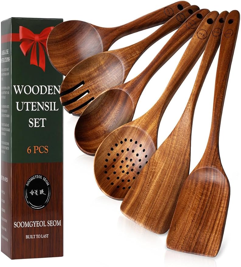 100% Natural Teak Wood Wooden Utensil Set – 6 Pcs Durable Kitchen Spoons for Cooking – Non-Stick & Heat Resistant, Eco-Friendly & Comfortable Grip