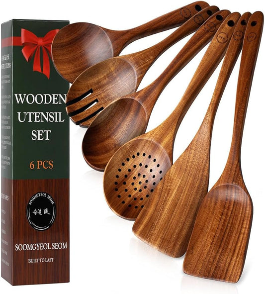 100% Natural Teak Wood Wooden Utensil Set – 6 Pcs Durable Kitchen Spoons for Cooking – Non-Stick & Heat Resistant, Eco-Friendly & Comfortable Grip