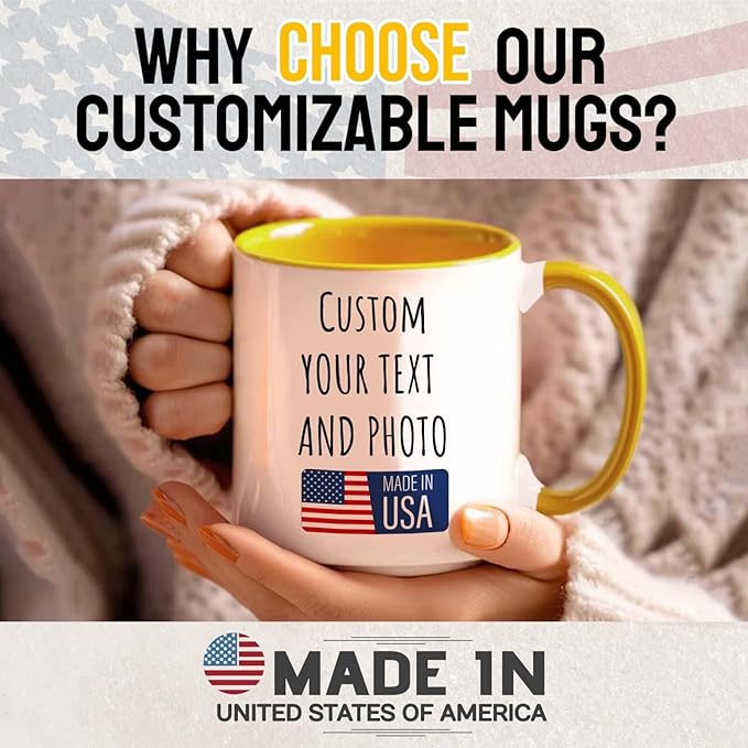 Ship Next Day Custom Mug Design Your Own Photo Text Personalized Picture Gifts for Women Men Customized Gifts Idea Personalized Coffee Mugs 15oz Yellow Handle