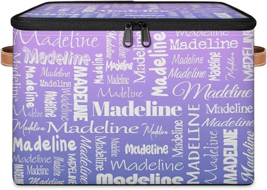 Custom Storage Basket with Name, Personalized Keepsake Box with Zipper Lid, Foldable Fabric Memory Bin Large capacity with Handle Purple