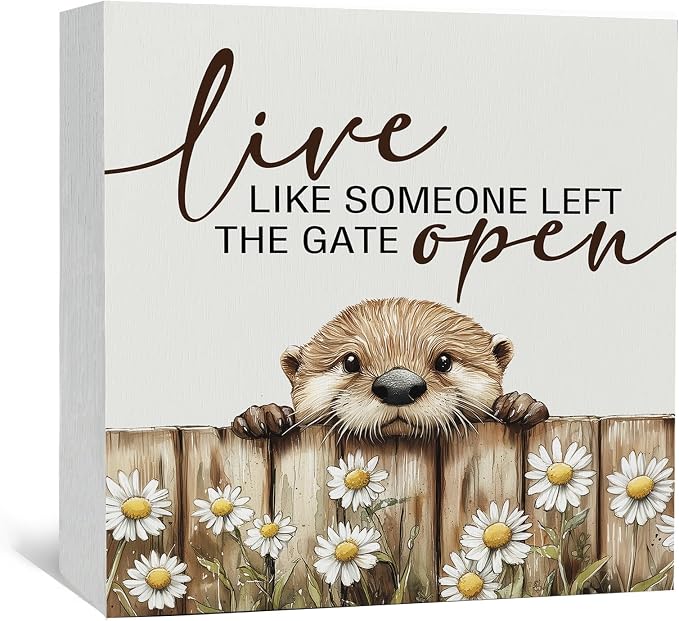 Funny Otter Wooden Box Sign -Rustic Farmhouse Live Like Someone Left the Gate Open Signs for Home Decor, Farm Cottagecore Animal Office Kitchen Bedroom Decor, Otter Gifts for Women, 5x5
