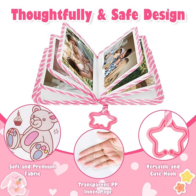 Lanpn Baby Photo Album Holds 17 4x6 Pictures, My First Soft Cloth Family Photo Book with Name Card & Name Tag Sticker, Fabric Kid Memory Keepsake Gift for Baby Shower Newborn Toddler Girl (Bear)