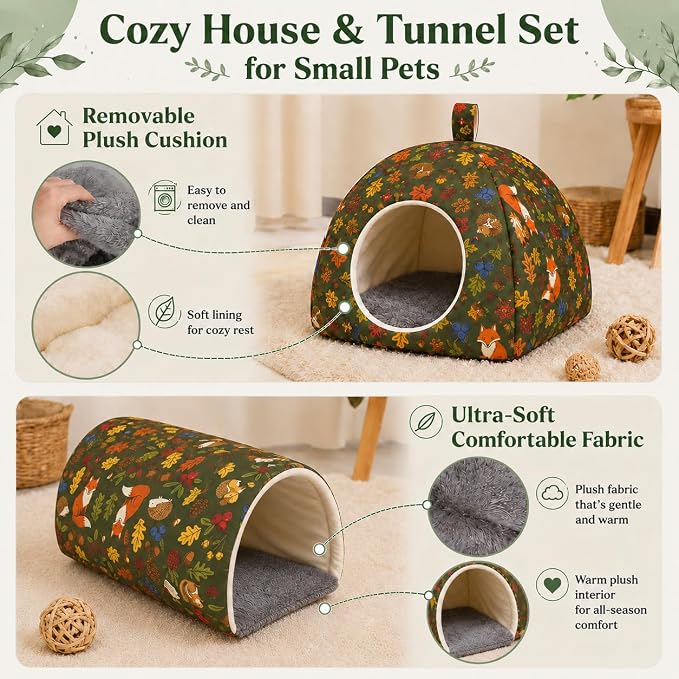 Guinea Pig Hideout Tunnel Set, 2 Pack Washable Small Animal Bed with Removable Cushion, Hamster Hideout Play Tunnel Toys for Guinea Pigs, Hamsters, Hedgehogs, Ferrets, Green Forest