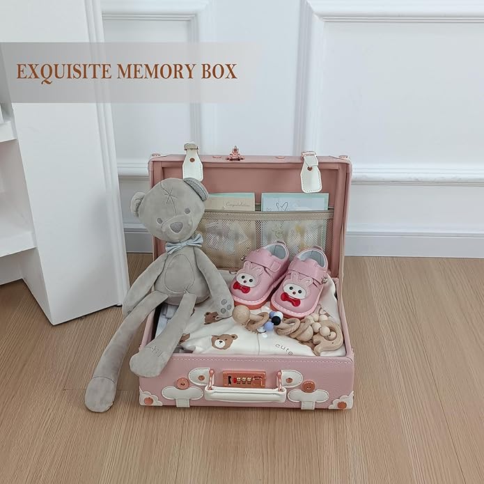 Unitravel Baby Keepsake Case, Handmade Memory Storage Box, Newborn Keepsake Box, Vintage Suitcase for Baby Shower, Baptism, Naming Ceremony or Birthday