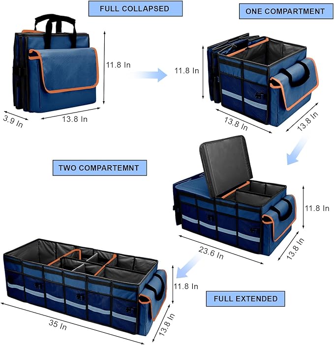 Car Trunk Organizer and Storage with Removable Leakproof Cooler Bag, 6 Removable Dividers for Custom Space, Collapsible Trunk Storage with Non Slip Bottom, Foldable Cover for SUV, Jeep, MPVs
