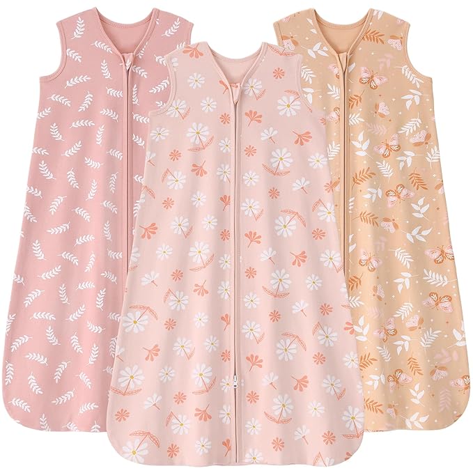 Baby Sleep Sack 6-12 months, 100% Cotton Sleeping Sack for Newborn and Infant, 3 Pack Baby Wearable Blanket for Boy and Girl, 0.5 Tog Lightweight Double Zipper Sleep Bag Pink Orange Flower