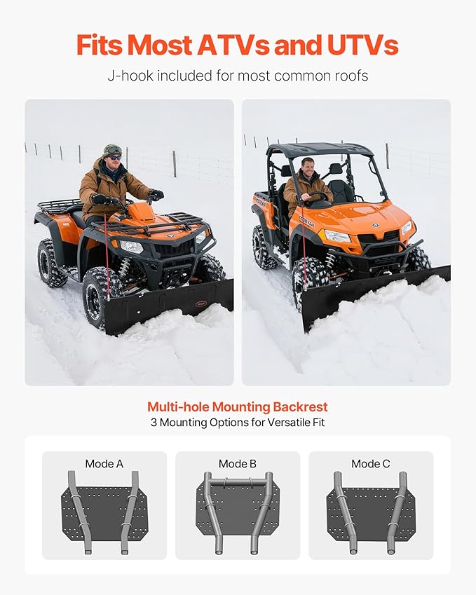 VEVOR Snow Plow Blade, 43 in/72 in Width Adjustable Snow Plow Kit, Easy to Detach, Universal Mount Plowing Attachment with Rubber Flaps, Heavy Duty Steel Blade, Compatible with Most UTV & ATV