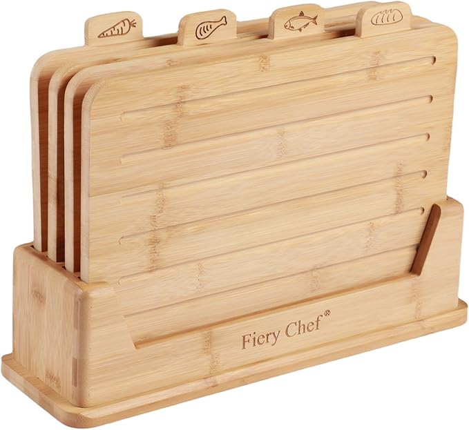 14.56"L x 11"W Bamboo Cutting Board Set of 4 - Wood Cutting Board Set with Holder, Chopping Boards Set with Food Icons, Juice Groove - Ideal for Meat, Fish, Bread, Vegetable, Fruit Chopping