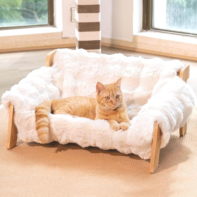 CHEERHOME PETS Elevated Cat Couch Bed Wooden Raised Kitty Sofa Lounge Chair | Washable Fluffy Cover Wooden Elevated Pet Furniture for Indoor Cats and Puppy(White)