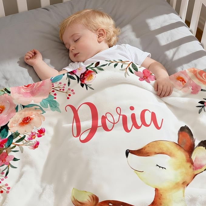 Personalized Baby Blanket with Name, Customized Soft Animals Flannel Blankets for Newborn Boys Girls and Toddlers, for New Mom, Infant Birthday Gift, Deer-2
