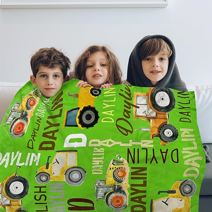 Personalized Tractors Blanket - Custom Name with Farm Tractor Trucks Design - Soft Plush Flannel Bed Blanket for Baby Kid Teen Boys Girls Customized Gifts Bright Green