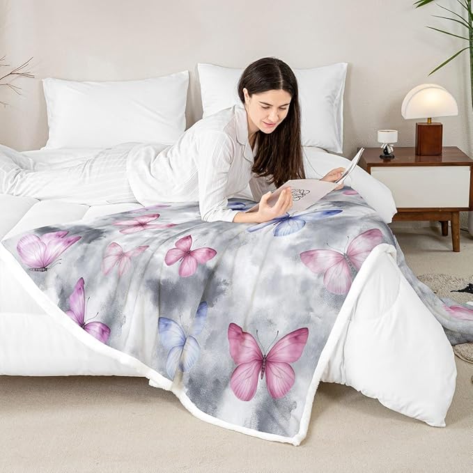Feelyou Girls Butterfly Fleece Throw Blanket Queen 90"x90" Kids Tie Dye Watercolor Sherpa Blanket Plush Fuzzy for Bed Couch Chair Living Room, Dreamy Girly Bed Blanket Gray Room Decor