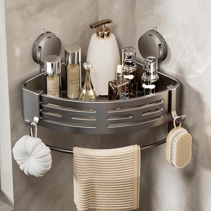VOLPONE Shower Caddy Corner Suction Cup Shower Shelf Corner No Drilling Bathroom Shower Organizer Storage Rack Adhesive (1-Pack, gray)