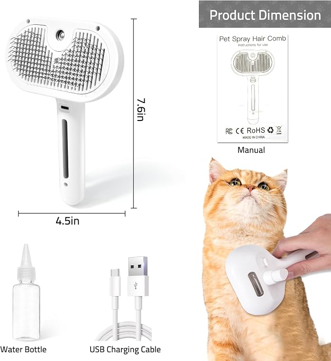 Bunny Ferret Steam Brush Release Button Self Cleaning Spray Comb for Long and Short Hair Cats Rechargeable Steaming Cat Grooming Brush Steamer to Remove Loose Hair (White)