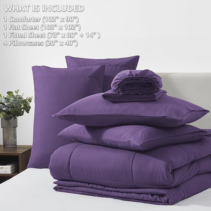 CozyLux King Size Comforter Set Purple, 7 Pieces Bed in a Bag, Purple Comforter King Size, All Season Bedding Sets with Stitch Quilted Comforter, Flat Sheet, Fitted Sheet, Pillowcases