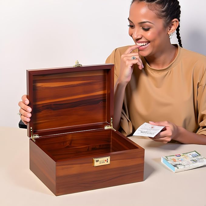 Large Wooden Keepsake Box - Wood Storage Box Decorative Boxes with Combination Lock for Storing Keepsake Memory Gift, 12.5 IN Wooden Memory Boxes with Lid for Home Decor-WB005-(Brown