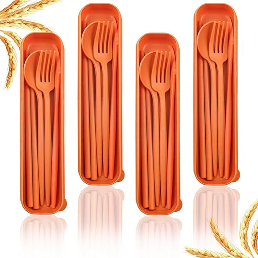 4 Sets Reusable Utensils With Case, Camping Cutlery Travel Silverware for Work, Lunch Picnic Daily Use Outdoor (Orange)