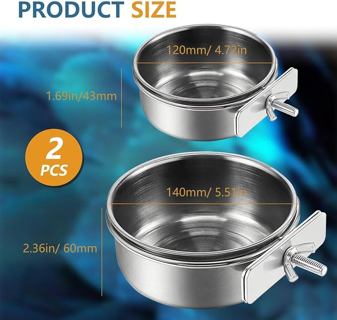 2Pcs Stainless Steel Bird Feeding Bowls, Small Bird Feeding Cup, Stainless Steel Parrot Food Bowl Cage with Holder, Parrot Cage Water Feeder, Pet Cage Cup Holder (Dia 4.72", 5.51",)