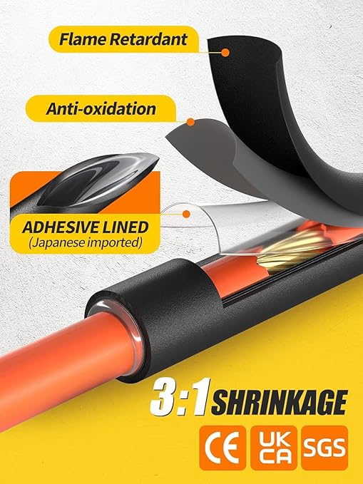 Eventronic Heat Shrink Tubing Kit 200 PCS, 3.54" Extra-Length, 3:1 Ratio Dual Walled with Strong Adhesive Lined, Marine Grade Shrink Wrap - Industrial Heat-Shrink Tubing -Black