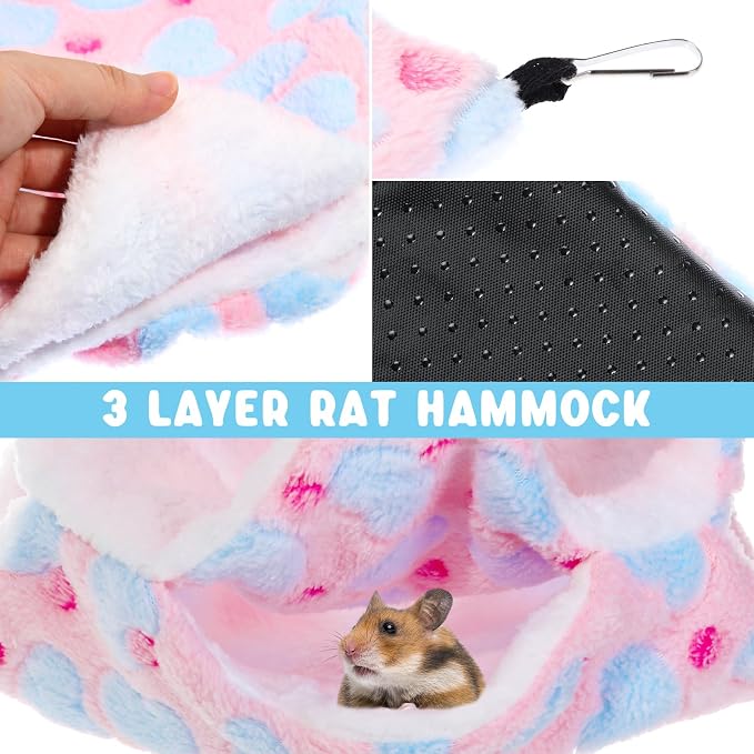 AceOrbit 6 Pcs Rat Hammock Cube Hideout Triple Layer Ferret,Spotted Heart | Cage Accessories for Guinea Pig Chinchilla Sugar Glider Hamster, Soft Ferret Bed Hideout with Hooks, Cozy Sleeping Nesting