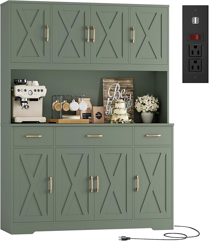 HOSTACK 71" Tall Pantry Cabinet with Charging Station, 55" Wide Kitchen Pantry Storage Cabinet with Countertop, Large Kitchen Hutch with Storage Drawers and Microwave Stand for Dining Room, Green