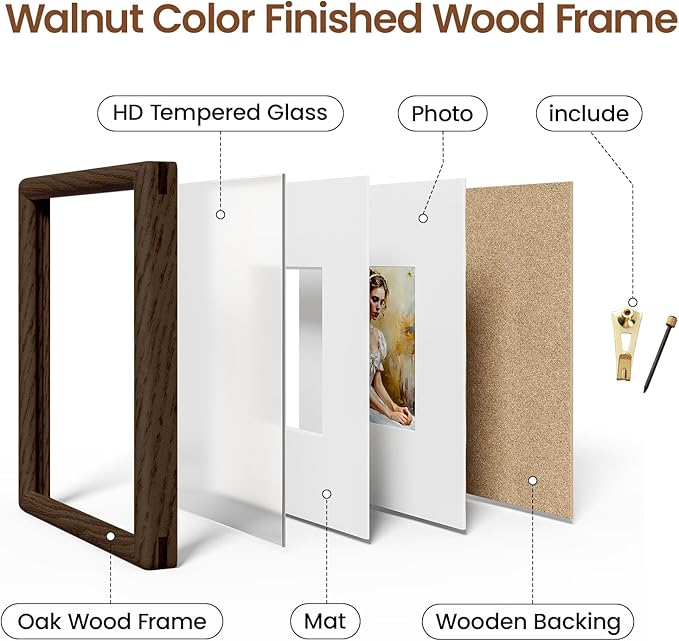 12x12 Picture Frame Natural Oak Wood From California-USA Walnut Color Finished Handcrafted 12 x 12 Photo Frame Matted to 8x8 Photo with Real Tempered Glass,for Family,Graduation Display Table & Wall