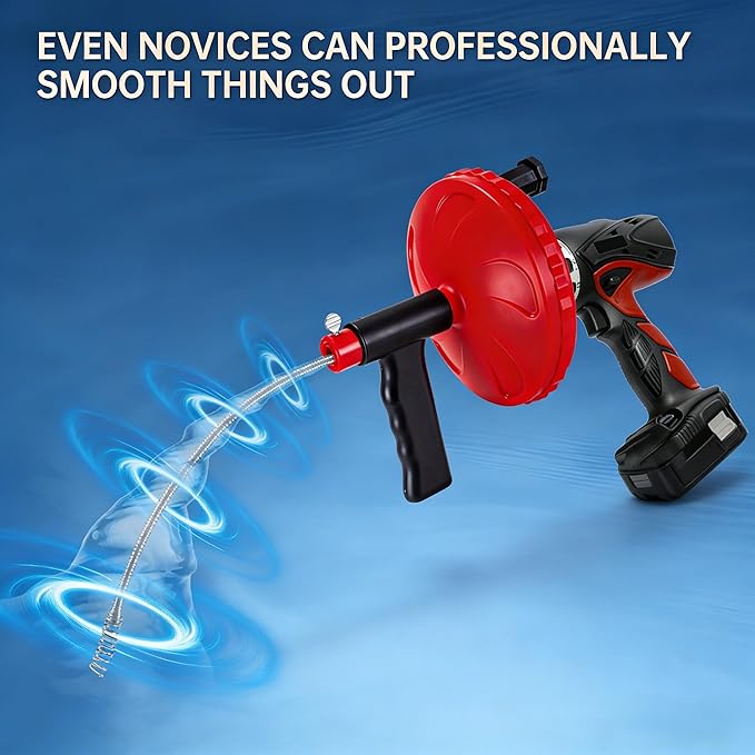 Drain Auger, Plumbing Snake Drain Hair Clog Removal Tool Use Manually or Powered for Bathtub Drain, Bathroom Sink, Kitchen Cleaning with Gloves(20ft/6M-Red)