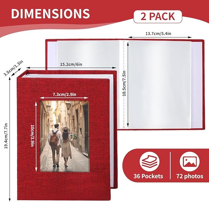 vivinin 2 Pack Photo Album 5x7, Linen Cover Photo Book, Small Photo Album Book for 36 Pockets Hold 72 Pictures, Picture Book for Photos Family Anniversaries Baby Vacations (Red)