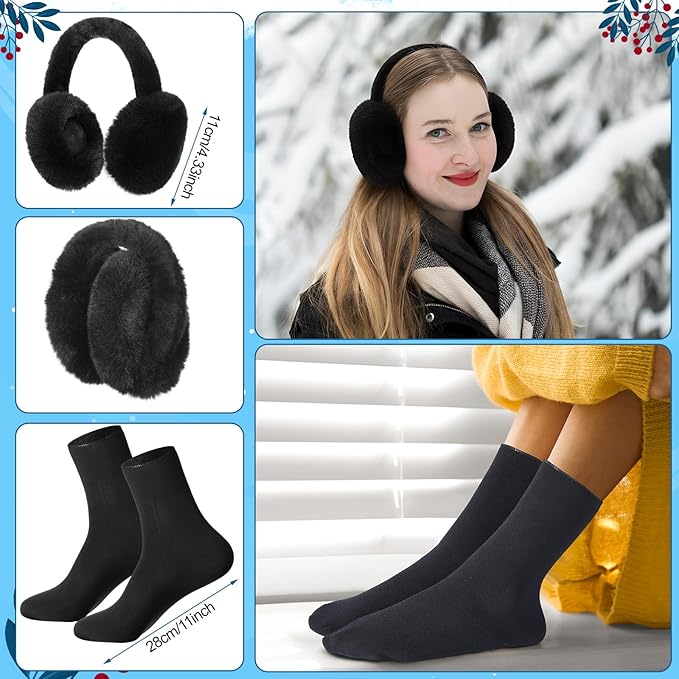 Geyoga 6 Pcs Winter Hat Scarf Gloves Set Knitted Touchscreen Gloves Plaid Scarf Earmuffs Socks Gift for Women Men