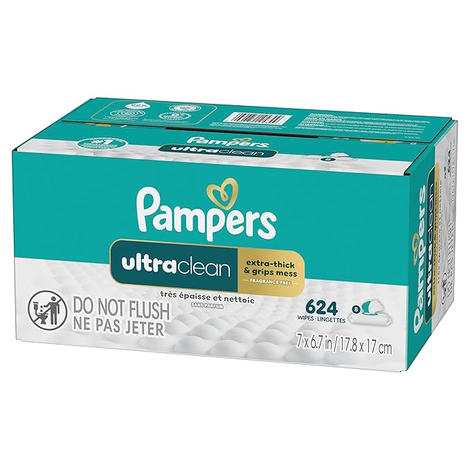 Pampers Ultra Clean Baby Wipes (Previously 'Free & Gentle'), 99% Water, Hypoallergenic, Unscented, 100% Plant Based, Plastic-Free, 624 Baby Wipes Total (8X Flip-Top Packs) [Packaging May Vary]