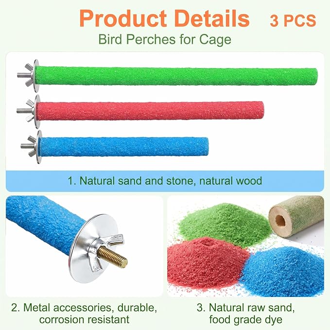 3 Pcs Bird Perches for Cage, Parrot Perch Bird Perch Stand | Stand Toy, Colorful Wood Parrot Bird Perch Paw Grinding Stick, Birds Cage Accessories for Budgies, Parakeet, Cockatiel
