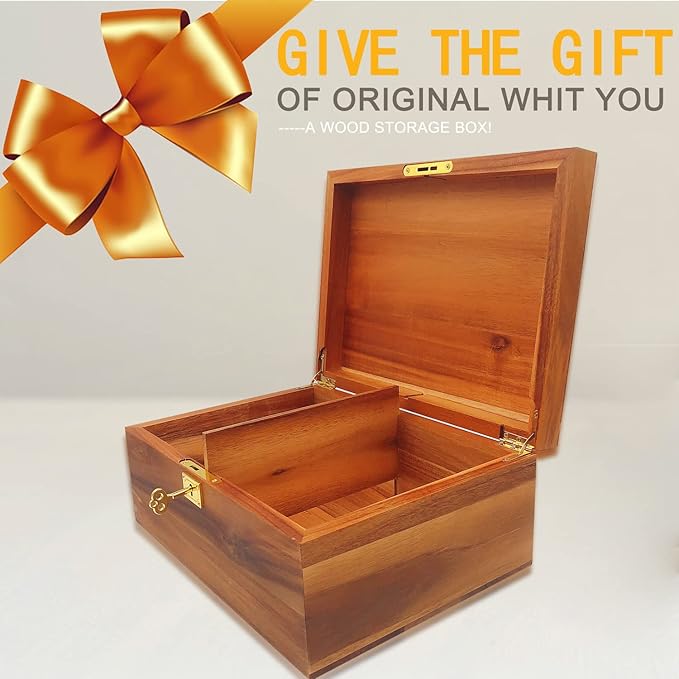 Large Wood Storage Box Decorative Wooden Box with Hinged Lid and Locking Key Premium Acacia Keepsake Chest Box Memory Gift Wooden Stash Boxes 11 X 8.5 X 5 Inches