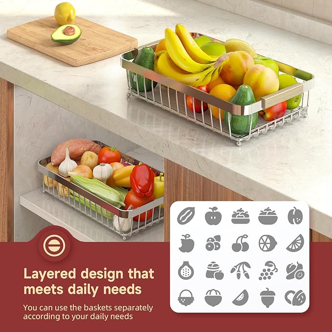 2 Tier Large Fruit Basket for Kitchen Counter with 2 Mobile Banana Hangers, 2026 Pro Detachable Metal Fruit Bowl with Wooden Handle (Silver, 2 Tier)