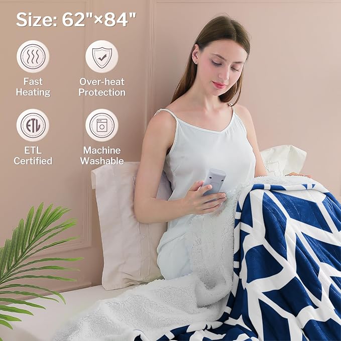 VENTIMI Electric Blanket Heated Throw, 62" x 84" Heated Blanket with 9 Heat Levels & 2 to 10 Hours Auto Off, Fast Heating Blankets with ETL & FCC Certification, Navy