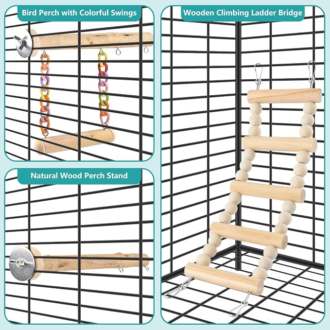 DBNESS Bird Perches Ladder with Swing, Natural Wood Parrot Climbing Bridge Perch Toys, Exercise Play Stand Parakeet Cage Accessories for Budgie Cockatiel Green-Cheeked Conure Caique