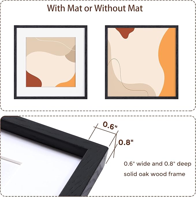 16"x16" Picture Frame in Black, Solid Oak Wood Frame 16x16, 16x16 Frame Matted to 12x12, Square Photo Frame 16x16 Inch - Tempered Glass (Black, 1 Pack)
