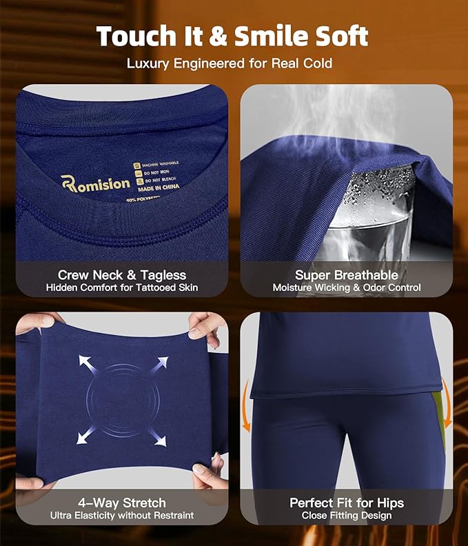 romision 2 Pack Thermal Underwear for Men Long Johns Fleece Lined Hunting Gear Bottom Top Set Base Layer Cold Weather XS-4XL