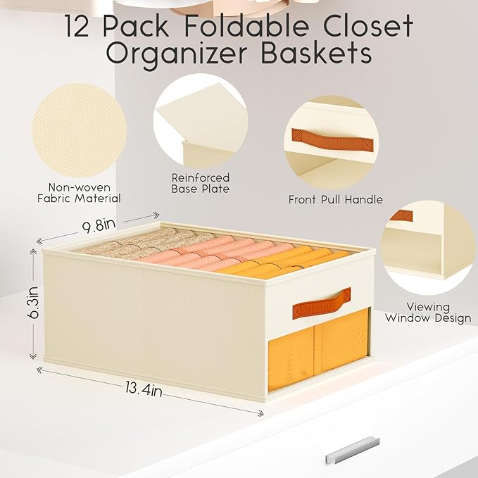 Drawer Organizers and Storage - 12 Pack Foldable Pants Organizer with Clear Window & Handles, Fabric Closet Organizer for Clothes, Jeans, Sweaters, Towels, T-shirt, Scarf (Beige)