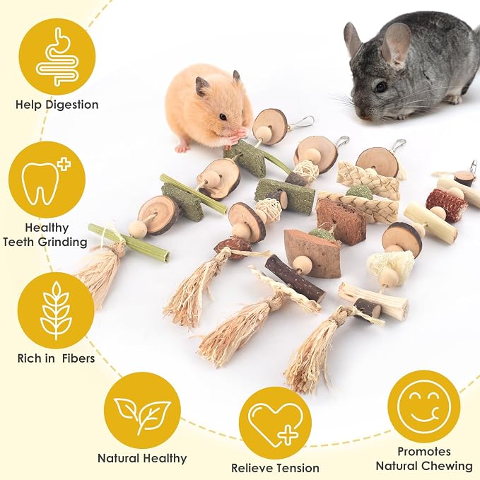 DBNESS 4 Pcs Bunny Chew Toys for Teeth, Hanging Rabbit Chewing Toy Treats with Timothy Grass & Natural Apple Wood, Improve Small Rodent Dental Health for Guinea Pig Hamster Chinchilla Rat Gerbil
