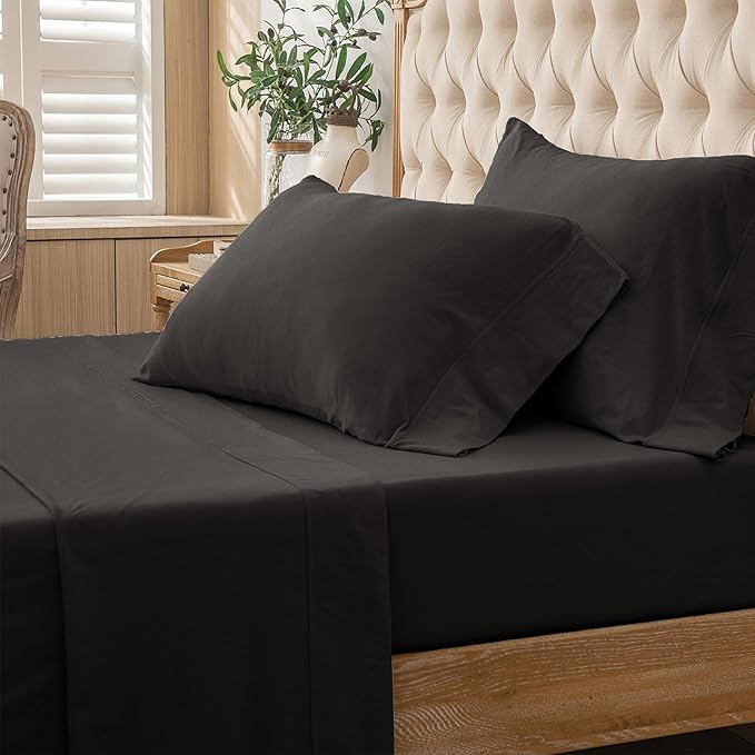 PURE ERA Jersey Knit 4pc Bed Sheet Set 100% T-Shirt Cotton Super Soft Comfy Breathable Fits Mattress Up to 20" Extra Deep Pocket (Solid Black, King)